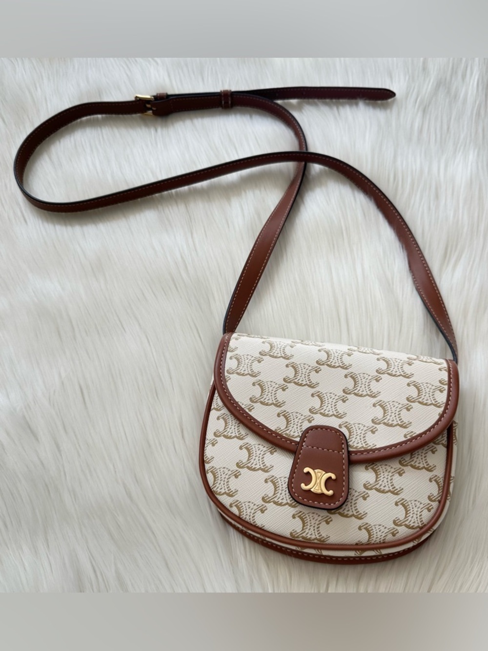 Celine Mini Besace in White Triomphe Canvas Calfskin Crossbody Bag